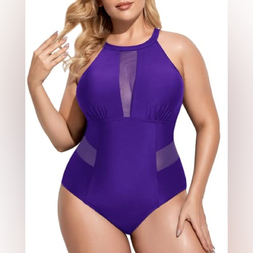 Purple One Piece Swimsuit Mesh Deep V Open Back Size XL